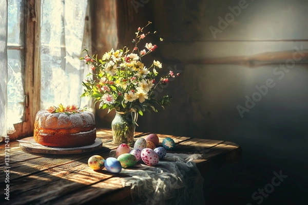 Obraz still life with easter eggs and cake