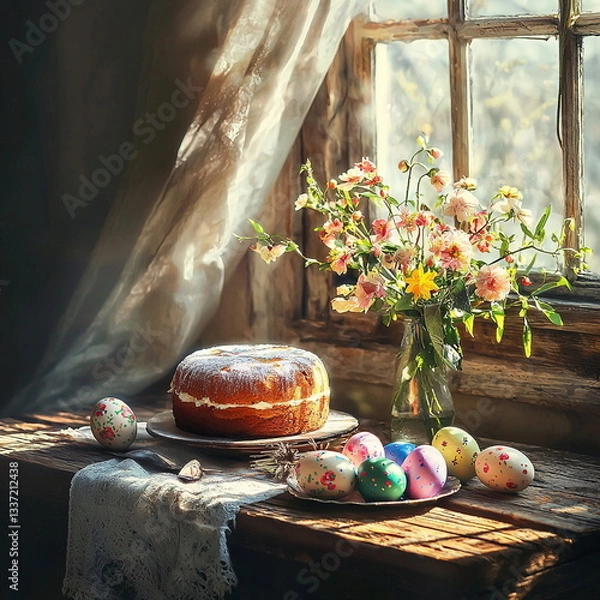 Obraz still life with easter eggs and cake
