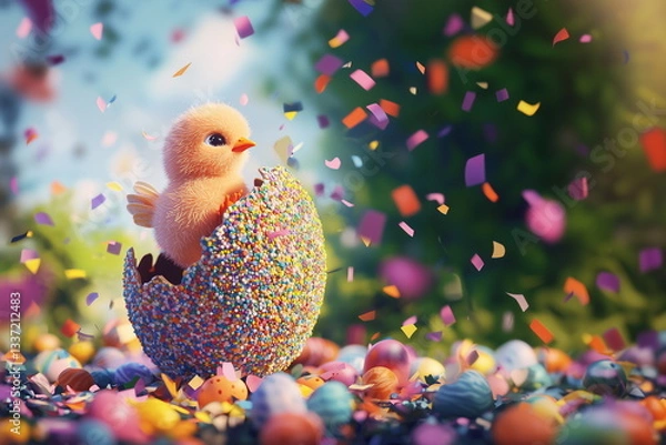 Obraz Postcard easter chicken and eggs