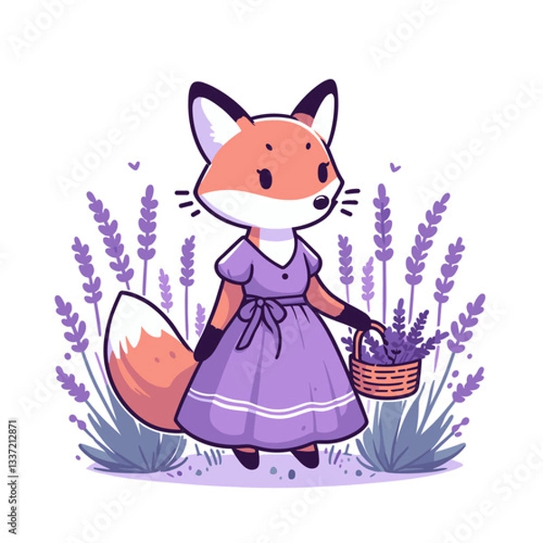 Obraz Cartoon fox in purple dress with lavender basket. Perfect vector illustration for garden themes, herbal concepts, or countryside character designs.