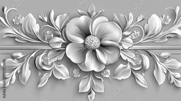 Fototapeta Elegant, embossed floral design.  Ornate, sculpted flowers and leaves on a light gray background.  Intricate, detailed, 3D relief artwork