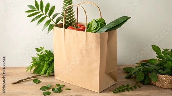 Fototapeta Sustainable Living: Paper Shopping Bag with Fresh Produce and Greenery on Wooden Surface for Eco-Friendly Lifestyle