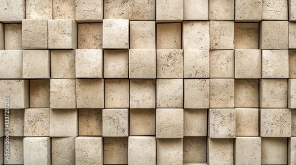 Fototapeta 3D stacked beige brick cubes arranged in a vertical pattern, featuring smooth textures and subtle earthy tones, perfect for modern 3D architectural concepts.