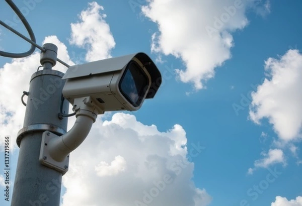 Fototapeta Security camera mounted on a pole against a blue sky with clouds