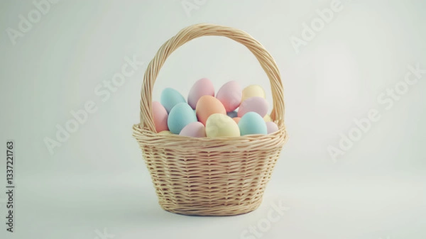Fototapeta A basket full of colorful eggs. The basket is made of wicker and is filled with a variety of eggs in different colors. The eggs are arranged in a way that they are all visible