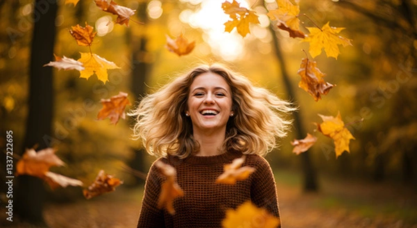 Fototapeta A woman with blonde hair smiling in a forest with falling autumn leaves around her face and head area