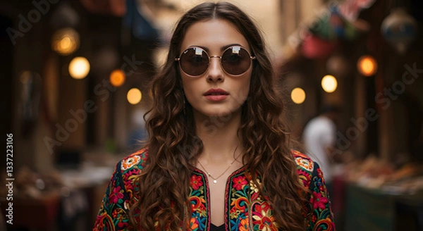 Fototapeta Portrait of a woman with round sunglasses and embroidered jacket in a blurred city setting