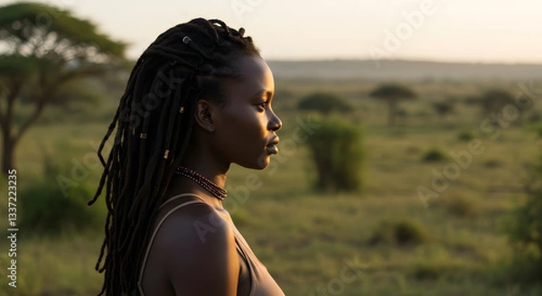 Fototapeta Profile of a woman with dreadlocks looking out over a grassy plain at dusk with trees in the distance