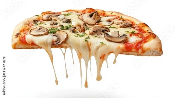 Fototapeta Slice of pizza with melted cheese and mushrooms dripping on white background