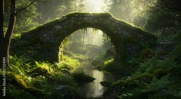 Fototapeta Moss covered stone bridge over a stream in a lush green forest with sunlight shining through the trees