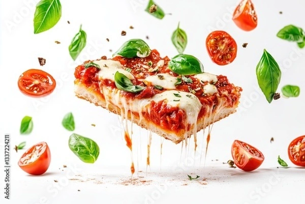 Fototapeta Square slice of pizza floating with melted mozzarella and fresh basil