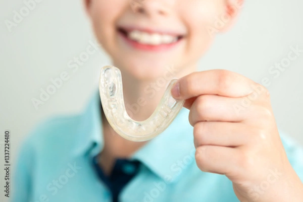Obraz Close -up. A smiling child holds elainers in his hands, kapa for aligning tooths. Eliners for correcting bite
