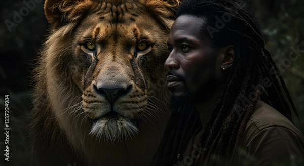 Fototapeta A portrait of a man with dreadlocks and a lion looking forward in a dark background