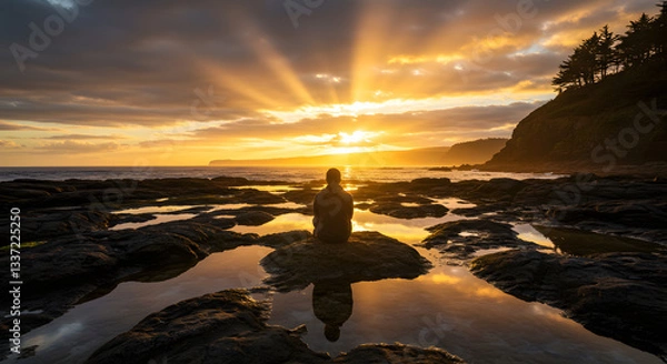 Fototapeta Silhouette person sitting on rock reflecting in water at sunset with sun rays and coastal landscape
