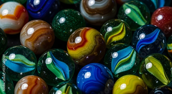 Fototapeta A close up shot of many colorful marbles with unique patterns and swirls filling the entire frame