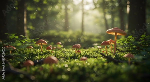 Fototapeta A magical forest scene with mushrooms growing in the sunlight on a mossy forest floor landscape