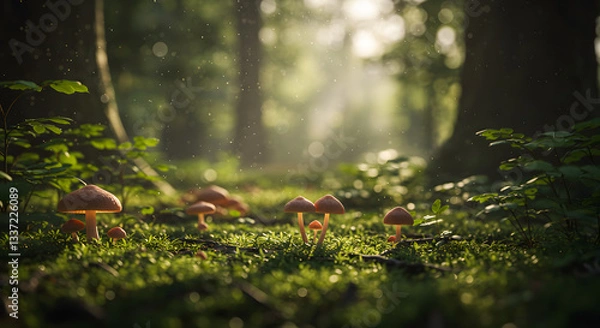 Fototapeta A group of mushrooms growing in a forest with sunlight shining through the trees in the background