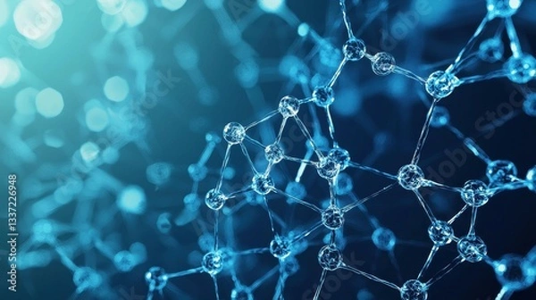 Fototapeta An intricate illustration of molecular structures in a blue-themed background. The image captures interconnected atoms and molecules creatively designed.