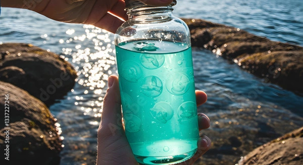 Fototapeta Hand holding a jar of blue liquid with jellyfish suction cups near a rocky shoreline ocean view