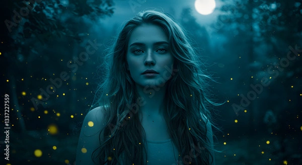 Fototapeta Portrait of a woman with long hair in a dark forest illuminated by fireflies and a full moon above her