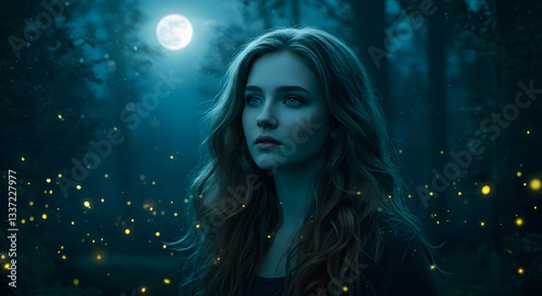Fototapeta Portrait of a woman with long wavy hair in a forest at night with a full moon and fireflies around her