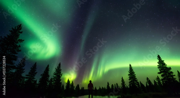 Fototapeta A person standing under the vibrant green aurora borealis with silhouette of trees at night sky
