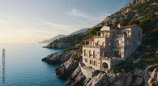 Fototapeta Stone villa perched on a cliff overlooking the ocean with mountains in the background at sunset