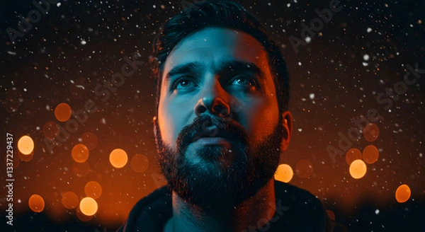 Fototapeta Man with beard looking up in the snow with bokeh lights in the background and blue and orange lighting