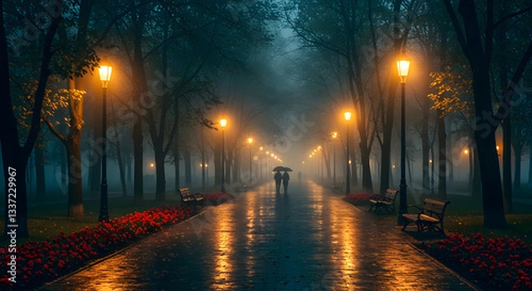 Fototapeta A couple walking with an umbrella in a foggy park illuminated by street lamps at night time