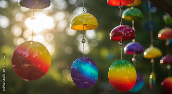 Fototapeta Colorful wind chimes hanging with the sun shining through the trees in the background creating bokeh