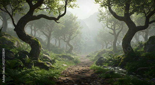 Fototapeta A misty forest path with mossy trees and rocks leading towards distant mountains in soft light