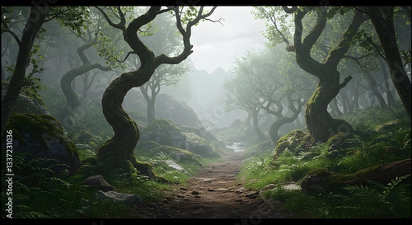 Fototapeta A winding path through a misty forest with moss covered trees and rocks in a tranquil atmosphere