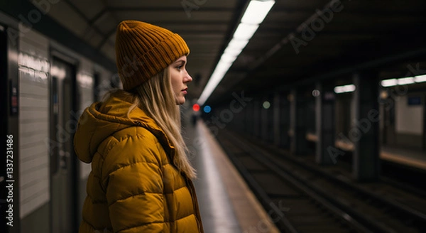 Fototapeta Woman in yellow jacket and beanie waits at a subway station with blurred background and train tracks
