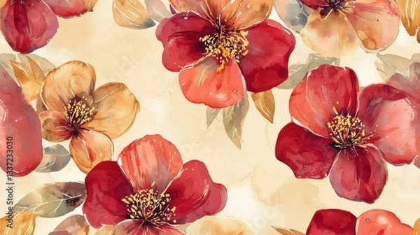 Fototapeta A beautiful watercolor illustration featuring a variety of blooming flowers in shades of red and yellow, creating an artistic and vibrant display.