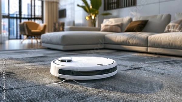 Obraz Robot vacuum cleaner in modern living room with wooden floors and stylish, minimalist design for a cozy ambiance