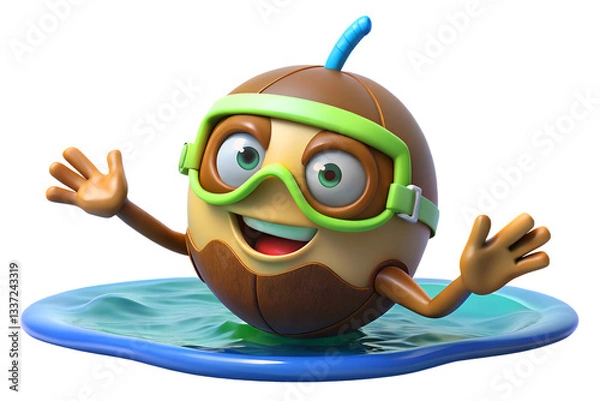 Fototapeta A lively coconut character swimming in the ocean, enjoying a tropical escape, showcasing fun and excitement with a cheerful personality, 3d