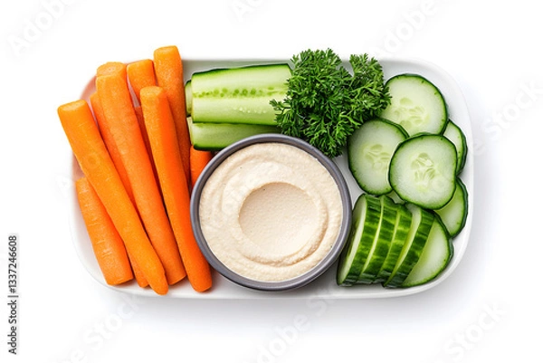 Fototapeta Healthy snack plate with carrot sticks, hummus, and sliced cucumbers, isolated on white background