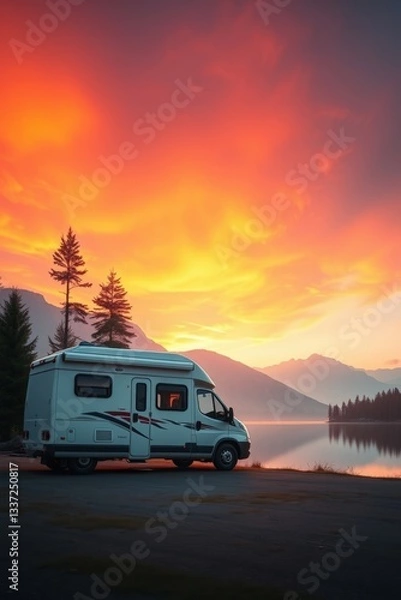 Obraz Majestic sunset glow over tranquil lake with campervan parked against vibrant sky