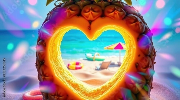 Obraz Pineapple sculpture frames a dreamy beach view reflecting summer vibes and joyful moments with friends and family