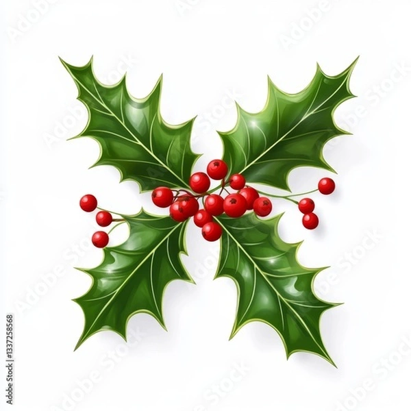 Fototapeta Festive holly sprigs with vibrant red berries
