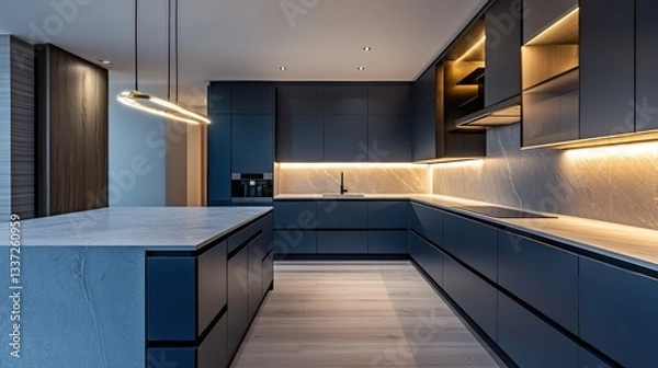 Obraz A modern kitchen featuring dark blue cabinets and a light gray marble countertop