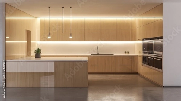 Obraz A modern kitchen featuring light oak cabinets with a high gloss finish, white countertops, and built-in appliances