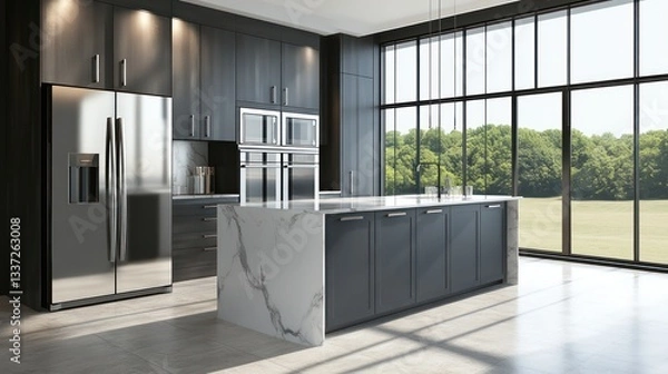 Fototapeta A modern kitchen with a charcoal gray and silver color palette, featuring large stainless steel appliances