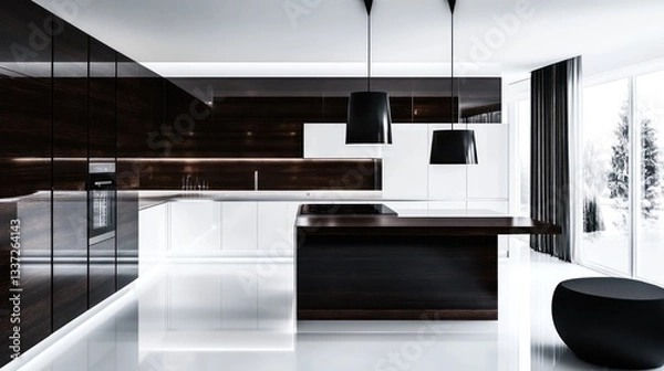 Obraz A modern kitchen with espresso wood cabinetry and sleek white glass panels