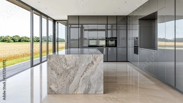 Obraz A modern kitchen with sleek gray cabinetry and silver accents