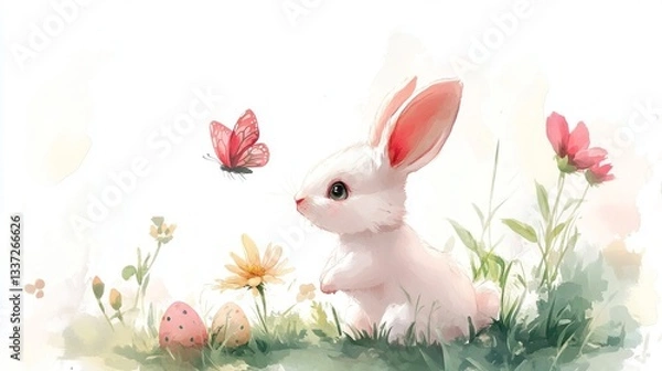 Fototapeta cartoon rabbit with a flower and butterfly, an Easter-themed watercolor illustration for a kids' background