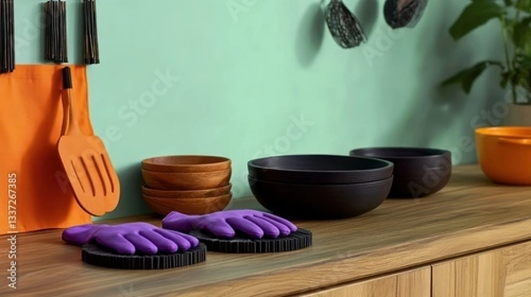 Obraz A modern wooden kitchen with a warm caramel-colored countertop displaying black bamboo coasters beside rustic bowls made from dark oak