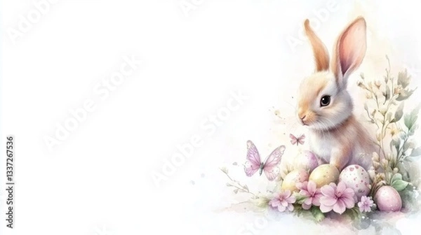 Fototapeta cartoon rabbit with a flower and butterfly, an Easter-themed watercolor illustration for a kids' background