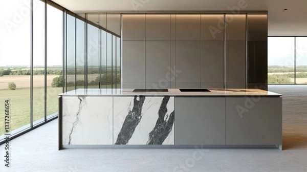 Obraz A sleek and elegant kitchen with soft gray cabinets and silver accents