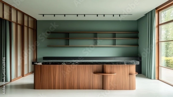 Obraz A sleek and modern kitchen with a matte walnut wood island topped with jet black marble with light grey streaks